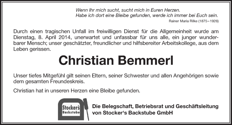  Traueranzeige für Christian Bemmerl vom 12.04.2014 aus Pegnitz-Zeitung